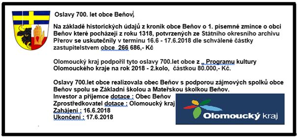 Informace  o dotaci z Olomouckého kraje k oslavám 700.let obce Beňov